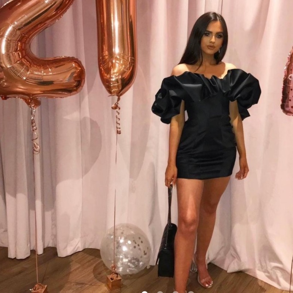 HOUSE OF CB 'Selena' Black Satin Puff Shoulder Dress off shoulder /Size S
